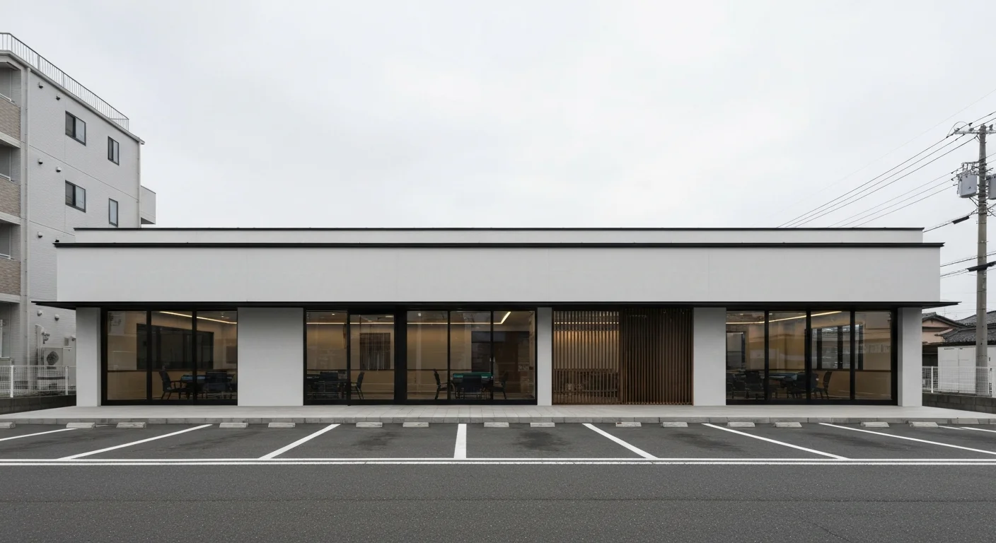 道路沿いから見た建物外観と2階店舗の入口まわり