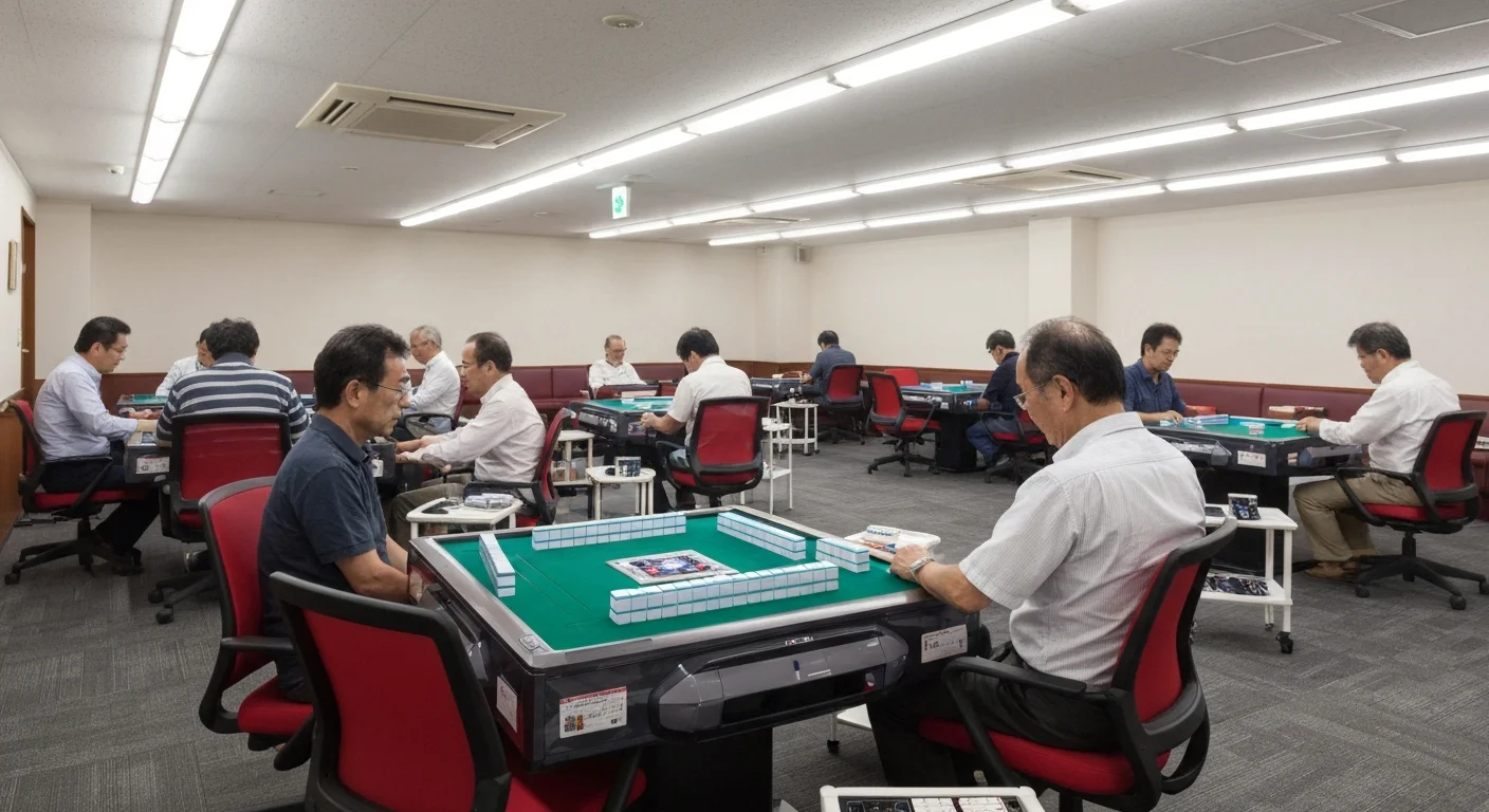 通路にゆとりを持たせて自動卓が並ぶ店内全景を斜めから撮影した写真