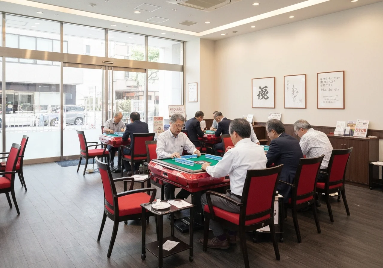 ひとりで来店した客が麻雀卓の席に着く場面