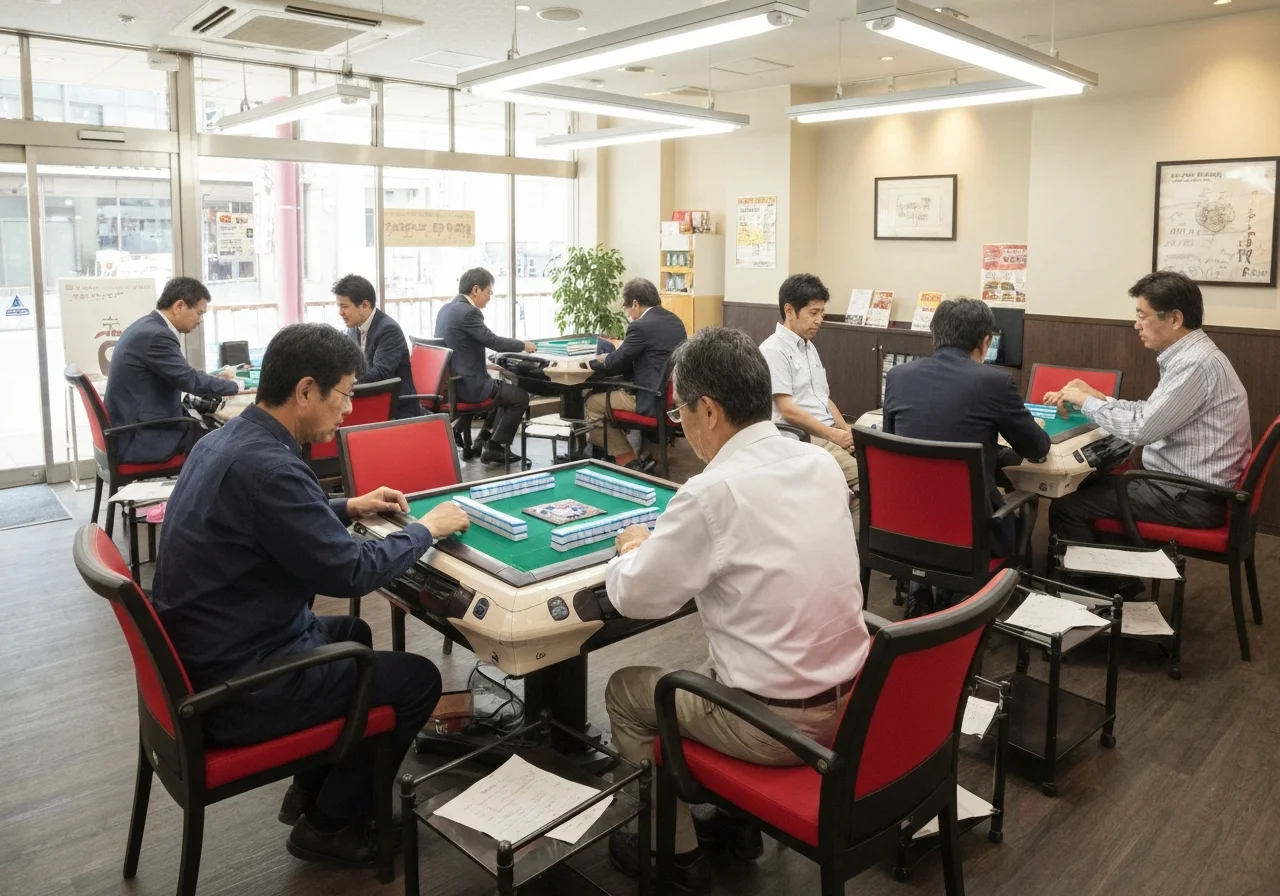 配牌前の卓で牌を整えながら手元を確認する来店客の様子